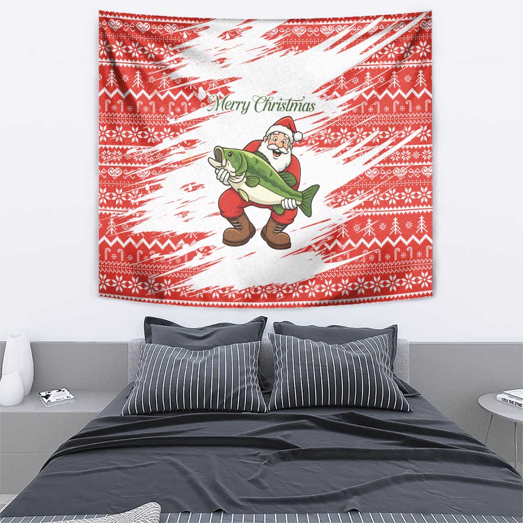 Christmas Fishing Tapestry with Santa Claus Fish Tree and Red Snowflake Pattern - Wonder Print Shop