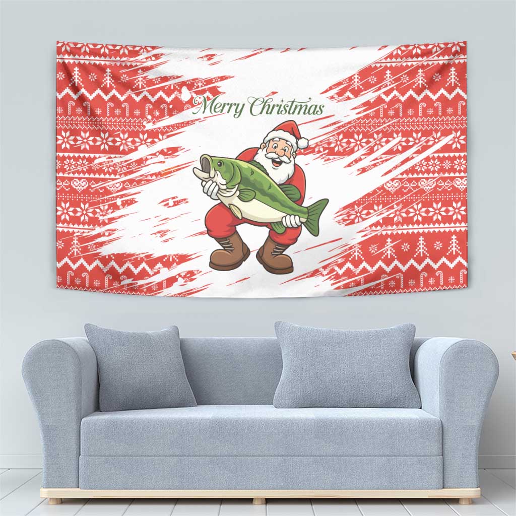 Christmas Fishing Tapestry with Santa Claus Fish Tree and Red Snowflake Pattern - Wonder Print Shop