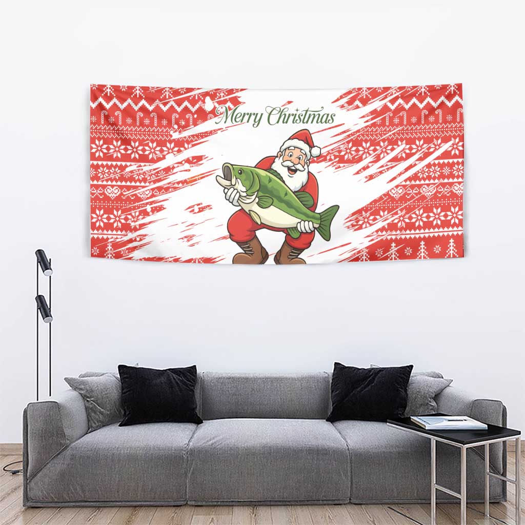 Christmas Fishing Tapestry with Santa Claus Fish Tree and Red Snowflake Pattern - Wonder Print Shop