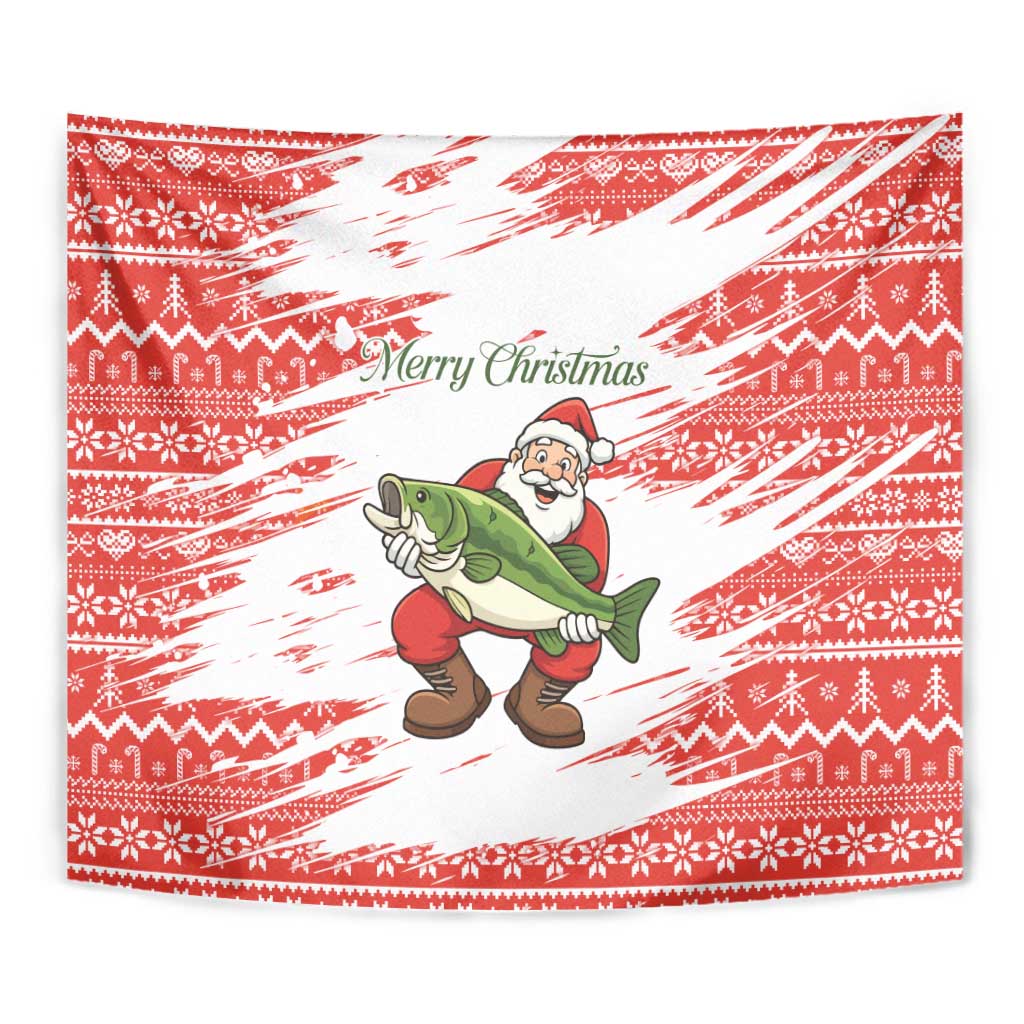 Christmas Fishing Tapestry with Santa Claus Fish Tree and Red Snowflake Pattern - Wonder Print Shop