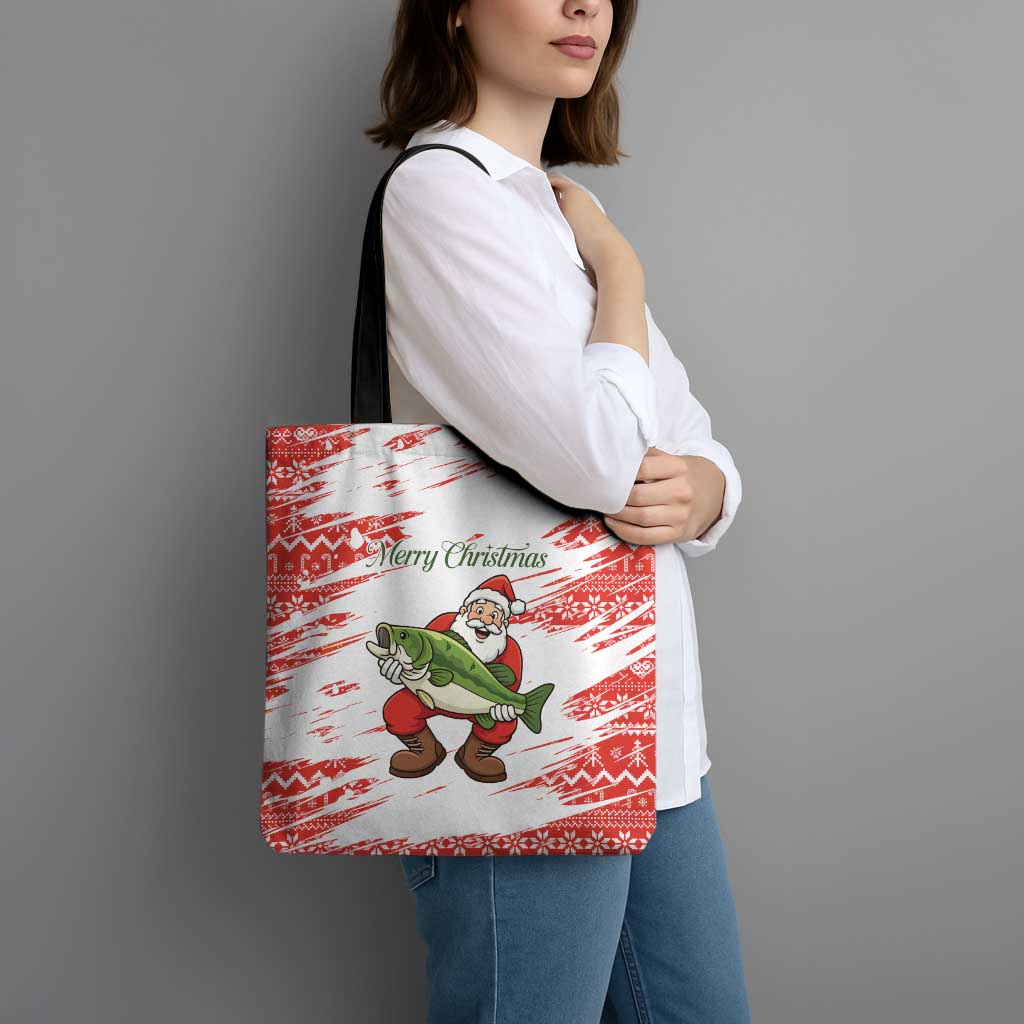 Christmas Fishing Tote Bag with Santa Claus Fish Tree and Red Snowflake Pattern - Wonder Print Shop