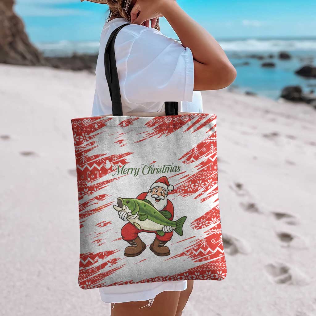 Christmas Fishing Tote Bag with Santa Claus Fish Tree and Red Snowflake Pattern - Wonder Print Shop