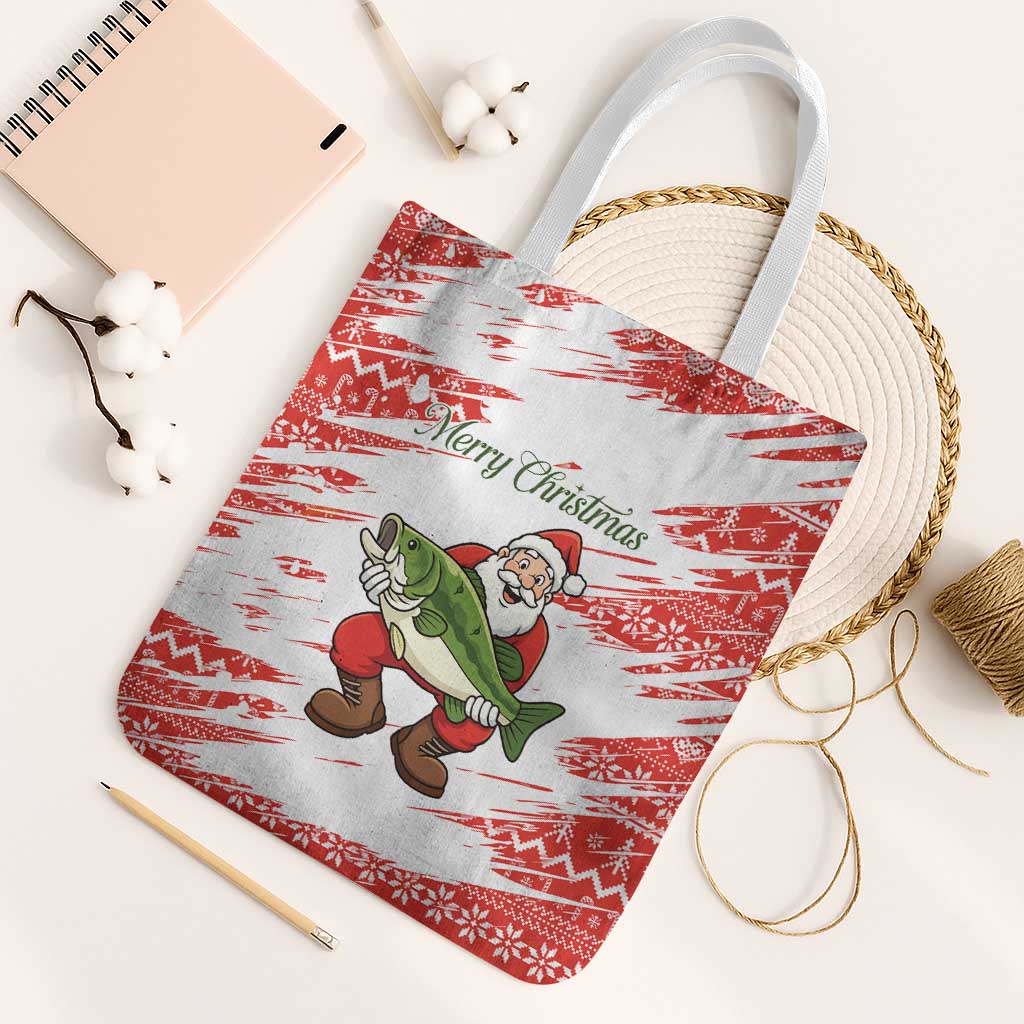 Christmas Fishing Tote Bag with Santa Claus Fish Tree and Red Snowflake Pattern - Wonder Print Shop