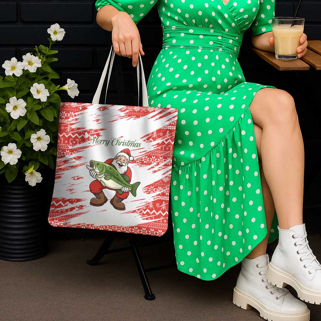 Christmas Fishing Tote Bag with Santa Claus Fish Tree and Red Snowflake Pattern - Wonder Print Shop