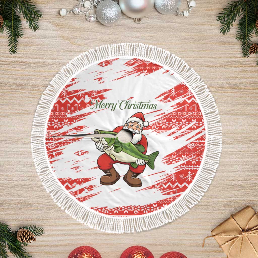 Christmas Fishing Tree Skirt with Santa Claus Fish Tree and Red Snowflake Pattern - Wonder Print Shop