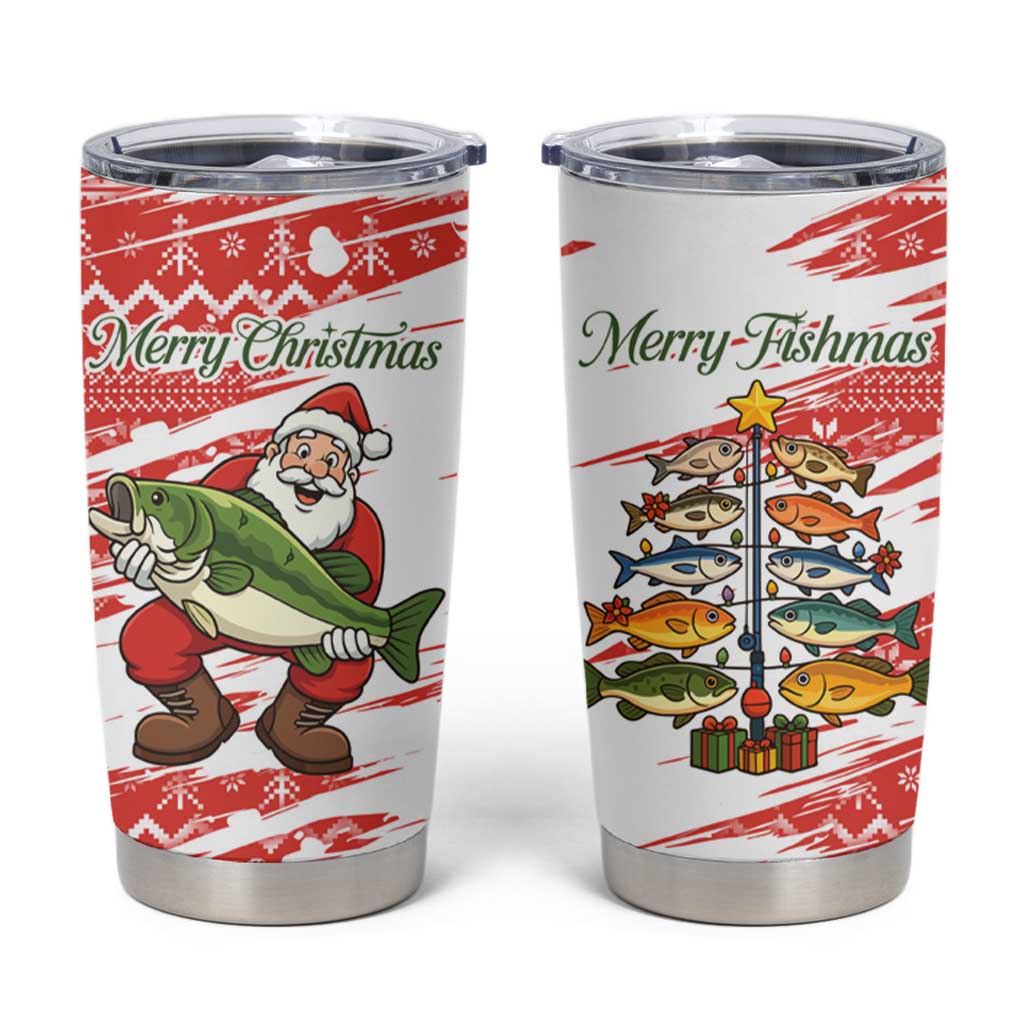 Christmas Fishing Tumbler Cup with Santa Claus Fish Tree and Red Snowflake Pattern - Wonder Print Shop
