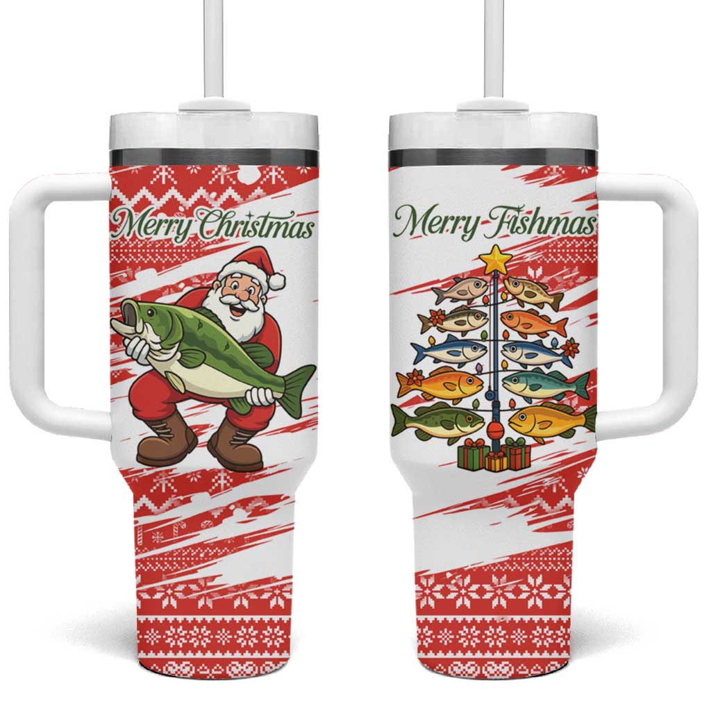 Christmas Fishing Tumbler With Handle with Santa Claus Fish Tree and Red Snowflake Pattern - Wonder Print Shop