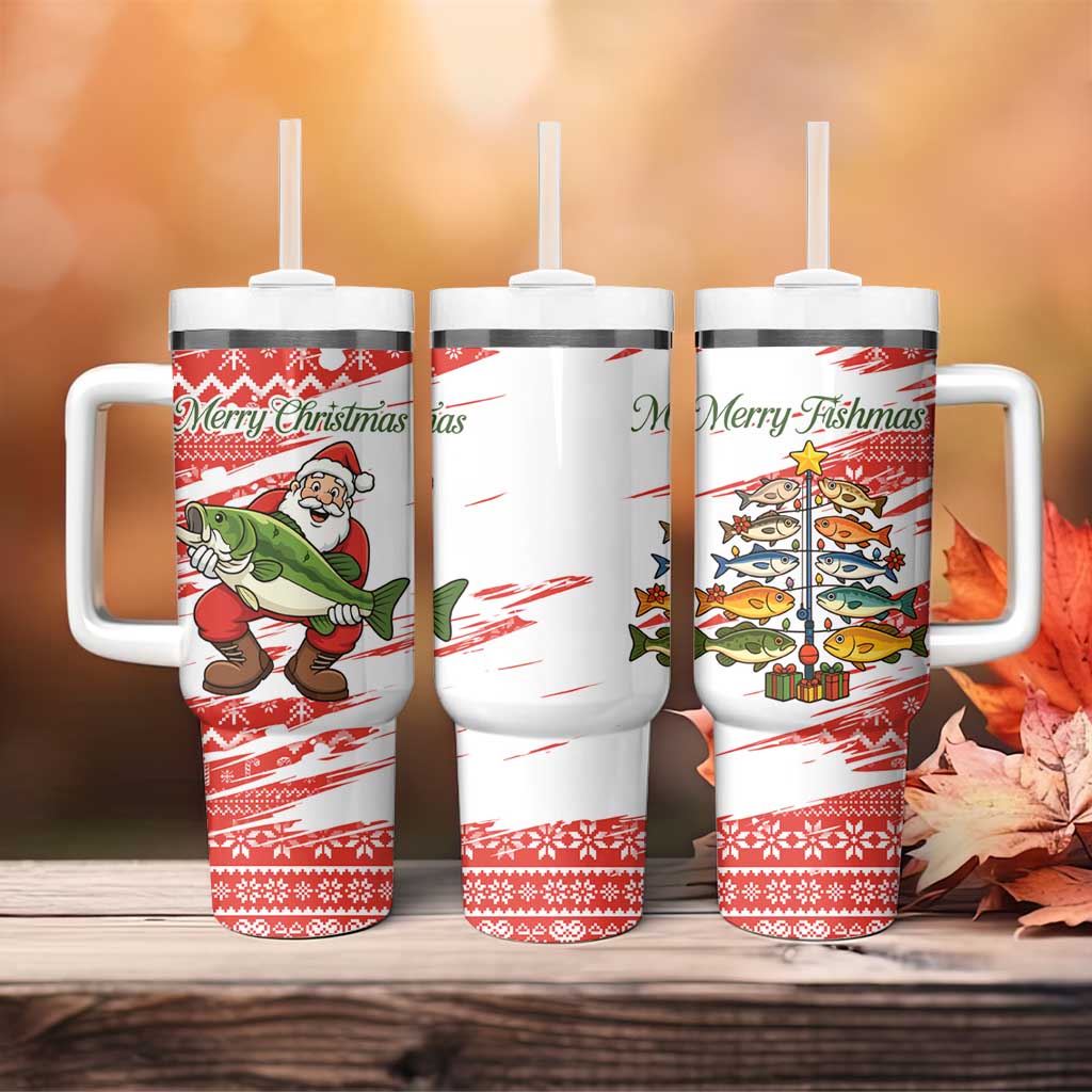 Christmas Fishing Tumbler With Handle with Santa Claus Fish Tree and Red Snowflake Pattern - Wonder Print Shop
