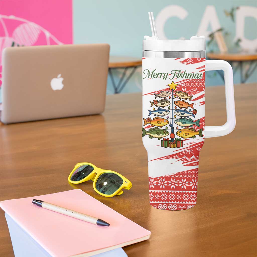 Christmas Fishing Tumbler With Handle with Santa Claus Fish Tree and Red Snowflake Pattern - Wonder Print Shop