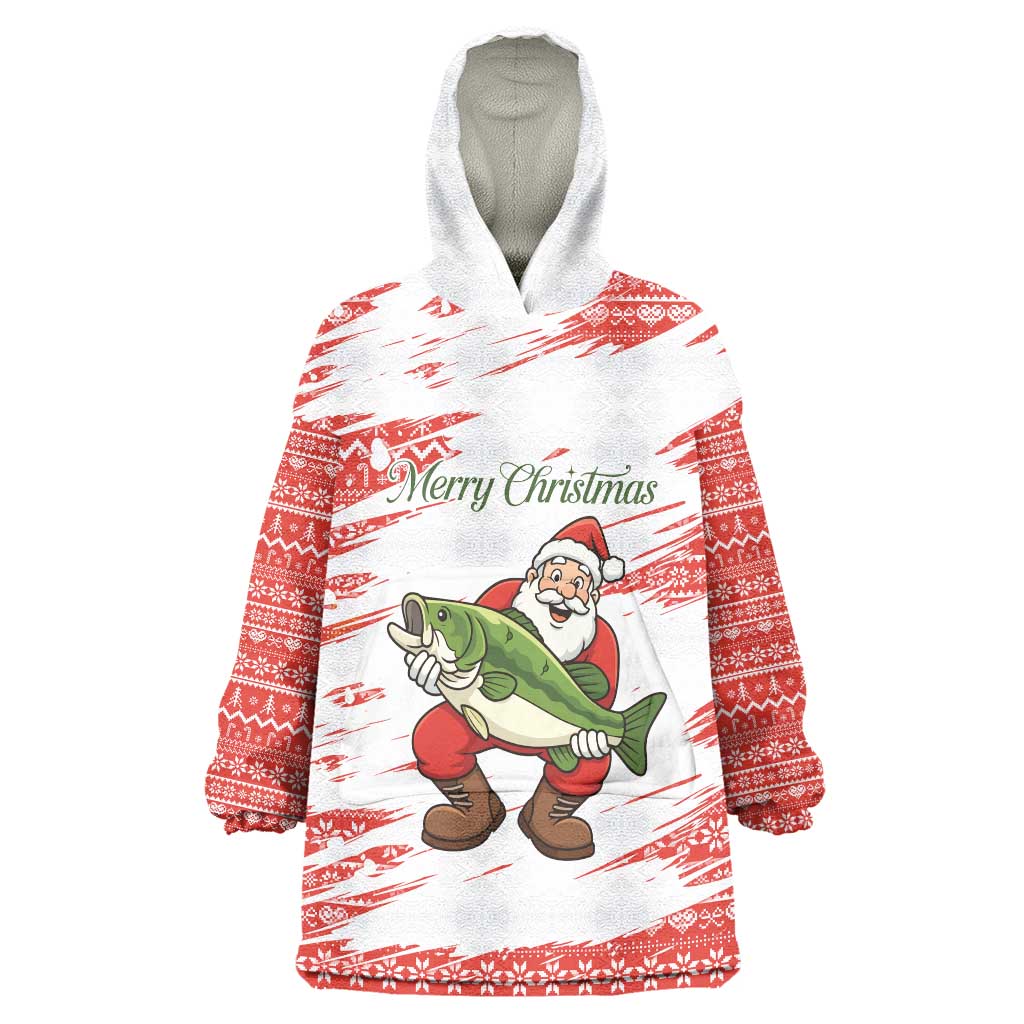 Christmas Fishing Wearable Blanket Hoodie with Santa Claus Fish Tree and Red Snowflake Pattern - Wonder Print Shop
