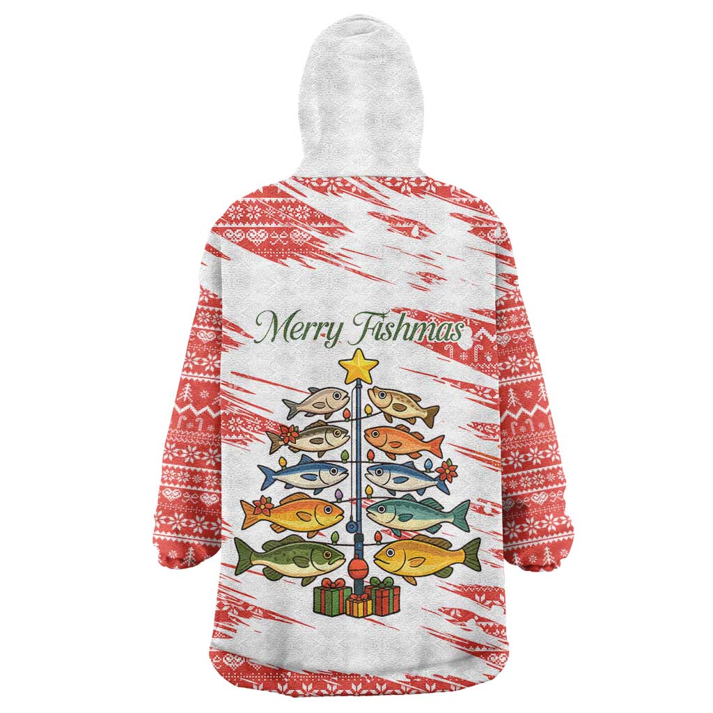 Christmas Fishing Wearable Blanket Hoodie with Santa Claus Fish Tree and Red Snowflake Pattern - Wonder Print Shop