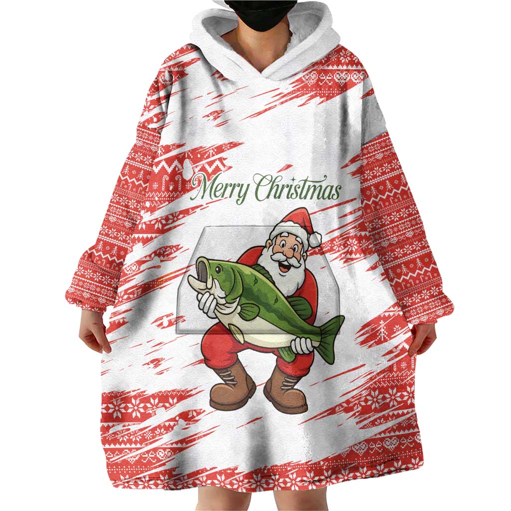 Christmas Fishing Wearable Blanket Hoodie with Santa Claus Fish Tree and Red Snowflake Pattern - Wonder Print Shop