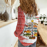 Christmas Fishing Women Casual Shirt with Santa Claus Fish Tree and Red Snowflake Pattern - Wonder Print Shop