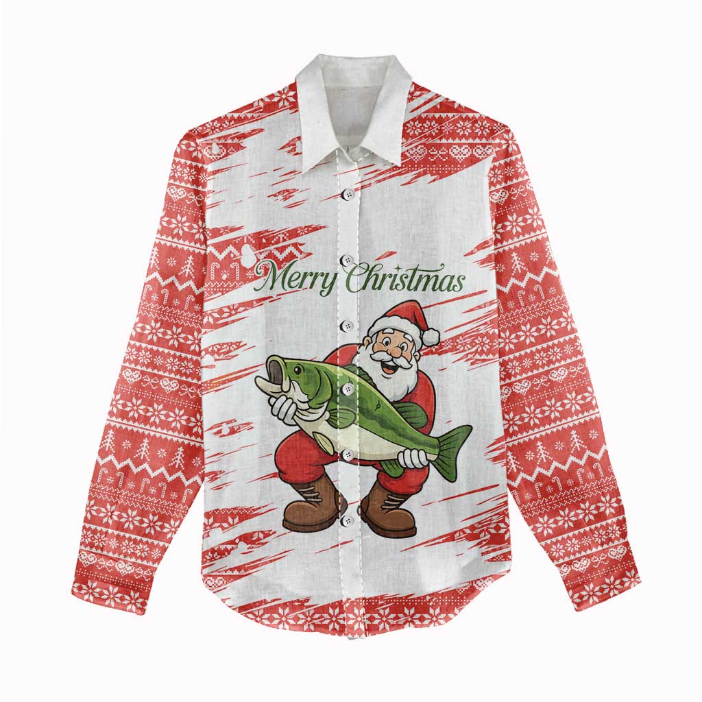 Christmas Fishing Women Casual Shirt with Santa Claus Fish Tree and Red Snowflake Pattern - Wonder Print Shop