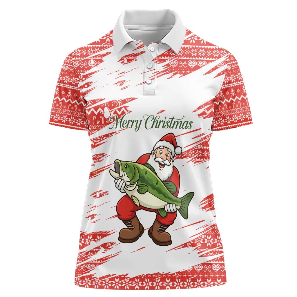 Christmas Fishing Women Polo Shirt with Santa Claus Fish Tree and Red Snowflake Pattern - Wonder Print Shop