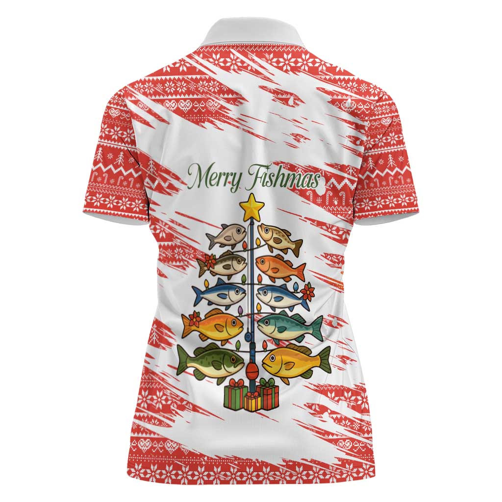 Christmas Fishing Women Polo Shirt with Santa Claus Fish Tree and Red Snowflake Pattern - Wonder Print Shop