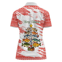 Christmas Fishing Women Polo Shirt with Santa Claus Fish Tree and Red Snowflake Pattern - Wonder Print Shop