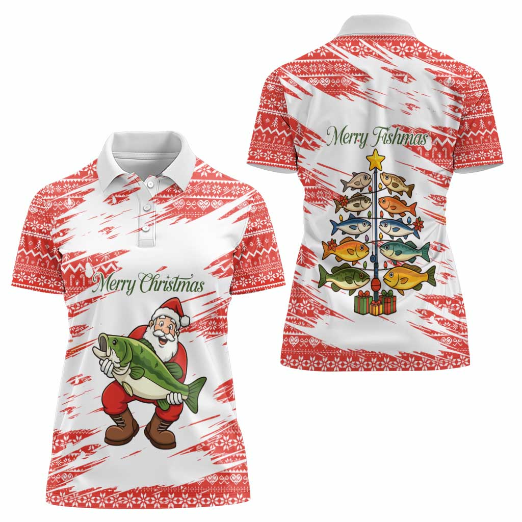Christmas Fishing Women Polo Shirt with Santa Claus Fish Tree and Red Snowflake Pattern - Wonder Print Shop