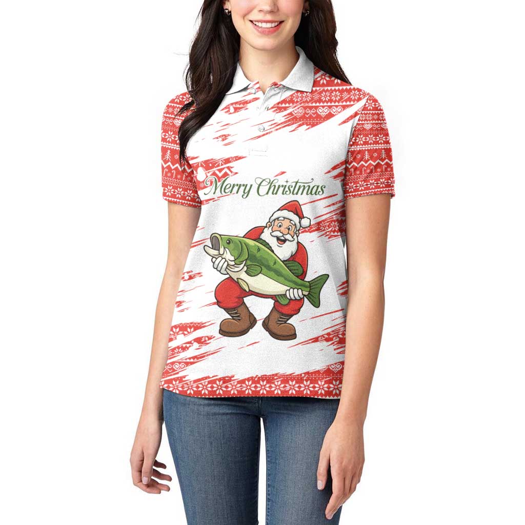 Christmas Fishing Women Polo Shirt with Santa Claus Fish Tree and Red Snowflake Pattern - Wonder Print Shop