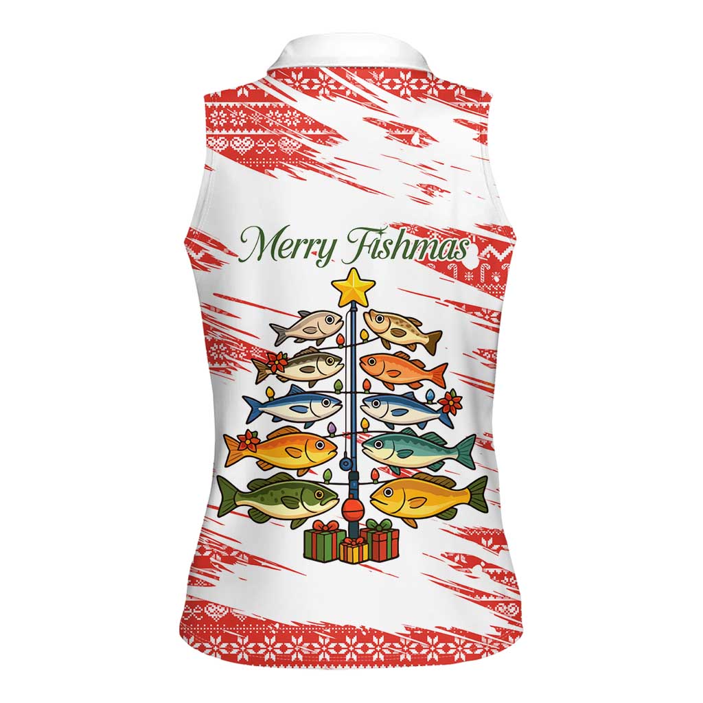 Christmas Fishing Women Sleeveless Polo Shirt with Santa Claus Fish Tree and Red Snowflake Pattern - Wonder Print Shop