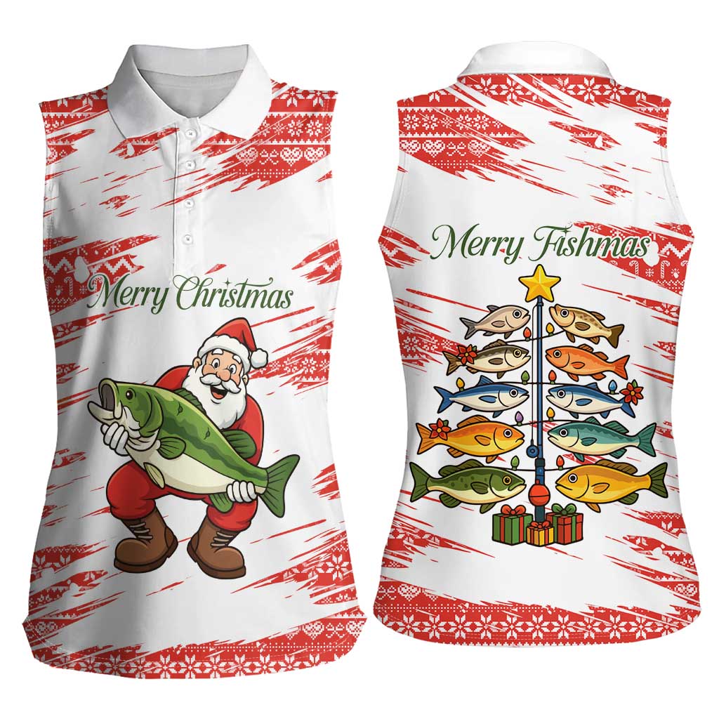 Christmas Fishing Women Sleeveless Polo Shirt with Santa Claus Fish Tree and Red Snowflake Pattern - Wonder Print Shop