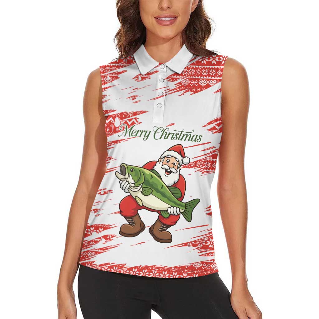 Christmas Fishing Women Sleeveless Polo Shirt with Santa Claus Fish Tree and Red Snowflake Pattern - Wonder Print Shop