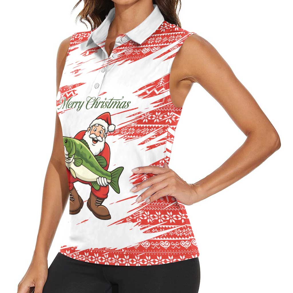 Christmas Fishing Women Sleeveless Polo Shirt with Santa Claus Fish Tree and Red Snowflake Pattern - Wonder Print Shop