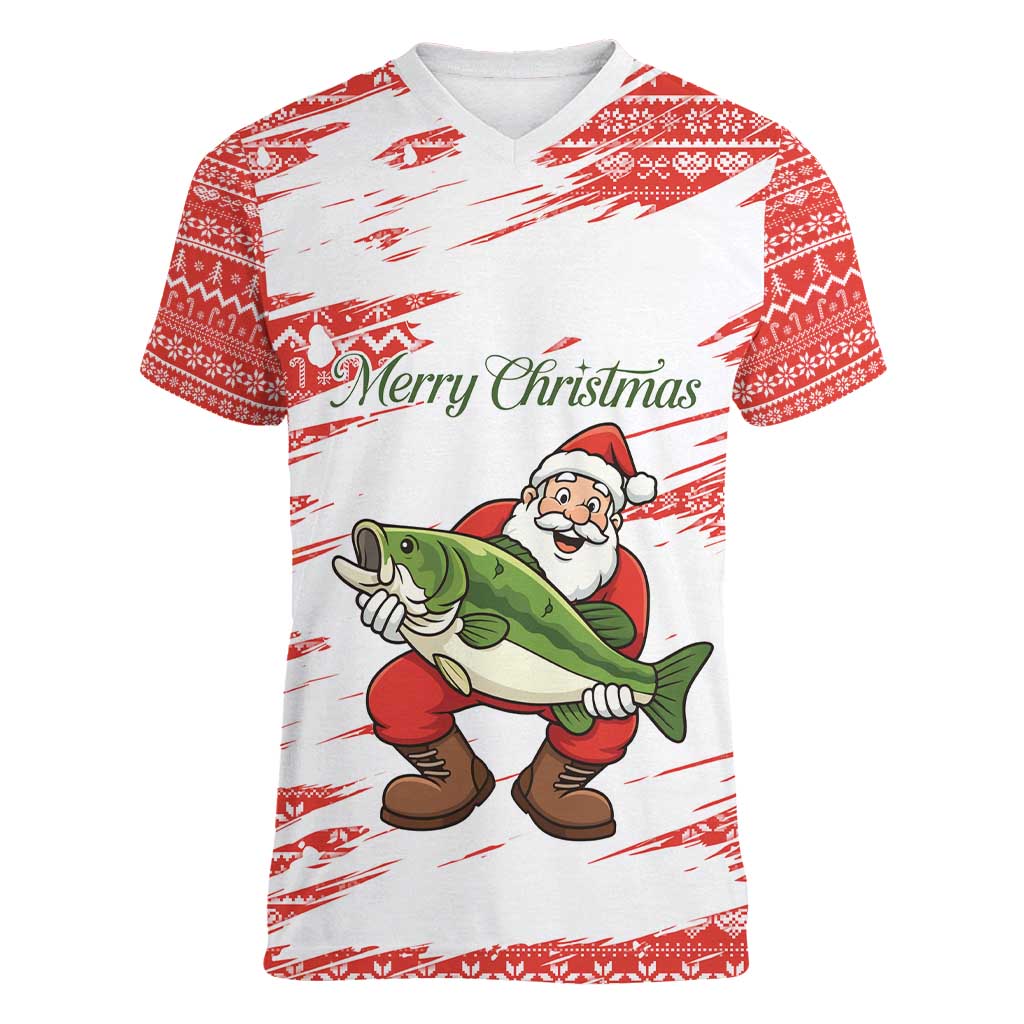 Christmas Fishing Women V-Neck T-Shirt with Santa Claus Fish Tree and Red Snowflake Pattern - Wonder Print Shop