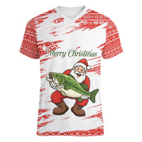 Christmas Fishing Women V-Neck T-Shirt with Santa Claus Fish Tree and Red Snowflake Pattern - Wonder Print Shop