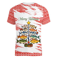 Christmas Fishing Women V-Neck T-Shirt with Santa Claus Fish Tree and Red Snowflake Pattern - Wonder Print Shop