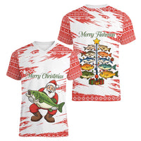 Christmas Fishing Women V-Neck T-Shirt with Santa Claus Fish Tree and Red Snowflake Pattern - Wonder Print Shop