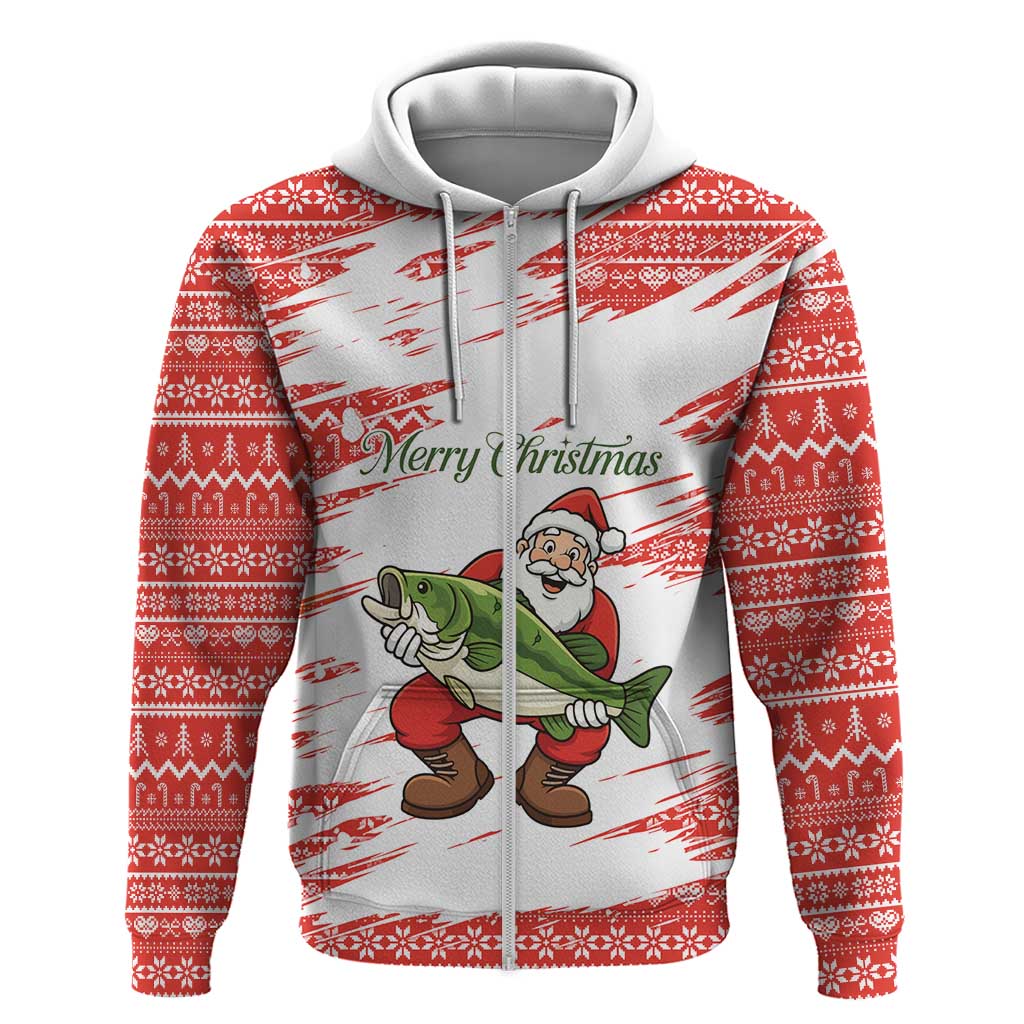 Christmas Fishing Zip Hoodie with Santa Claus Fish Tree and Red Snowflake Pattern - Wonder Print Shop