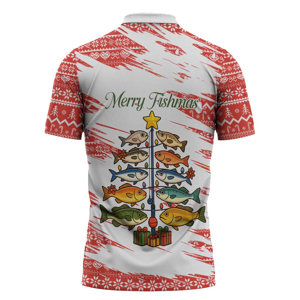 Christmas Fishing Zipper Polo Shirt with Santa Claus Fish Tree and Red Snowflake Pattern - Wonder Print Shop