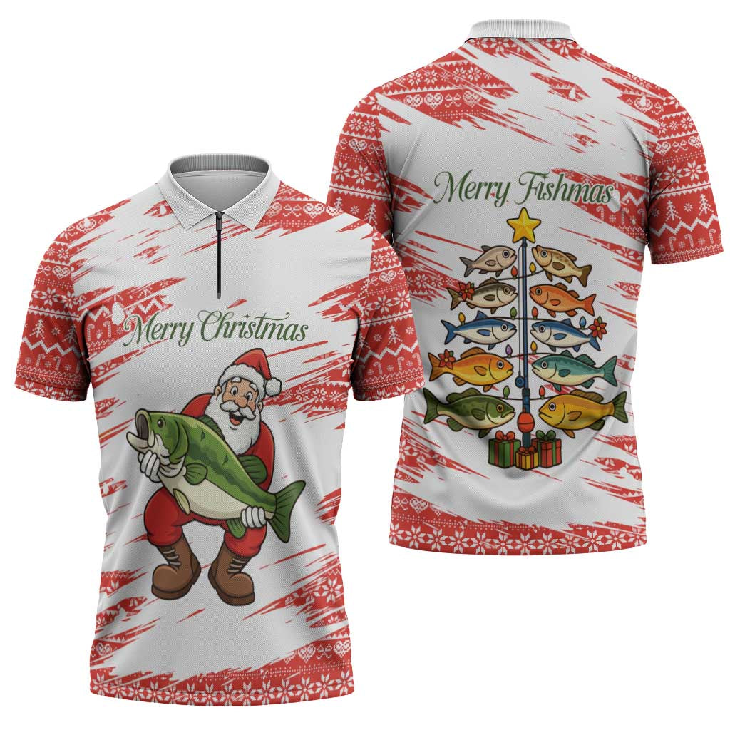 Christmas Fishing Zipper Polo Shirt with Santa Claus Fish Tree and Red Snowflake Pattern - Wonder Print Shop
