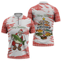 Christmas Fishing Zipper Polo Shirt with Santa Claus Fish Tree and Red Snowflake Pattern - Wonder Print Shop