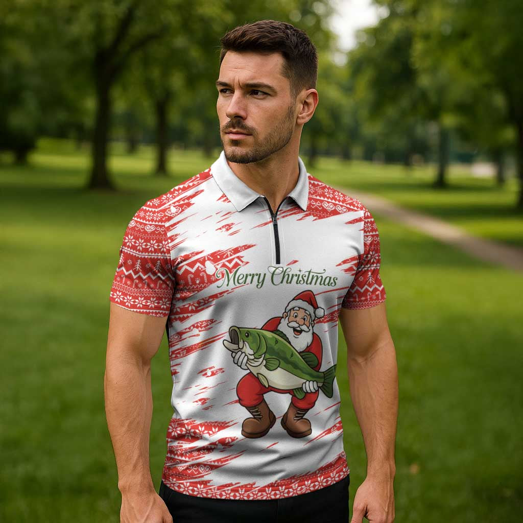 Christmas Fishing Zipper Polo Shirt with Santa Claus Fish Tree and Red Snowflake Pattern - Wonder Print Shop
