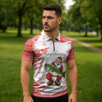 Christmas Fishing Zipper Polo Shirt with Santa Claus Fish Tree and Red Snowflake Pattern - Wonder Print Shop