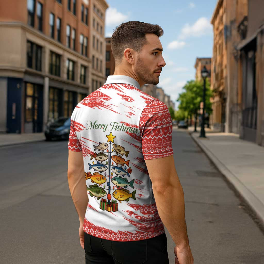 Christmas Fishing Zipper Polo Shirt with Santa Claus Fish Tree and Red Snowflake Pattern - Wonder Print Shop