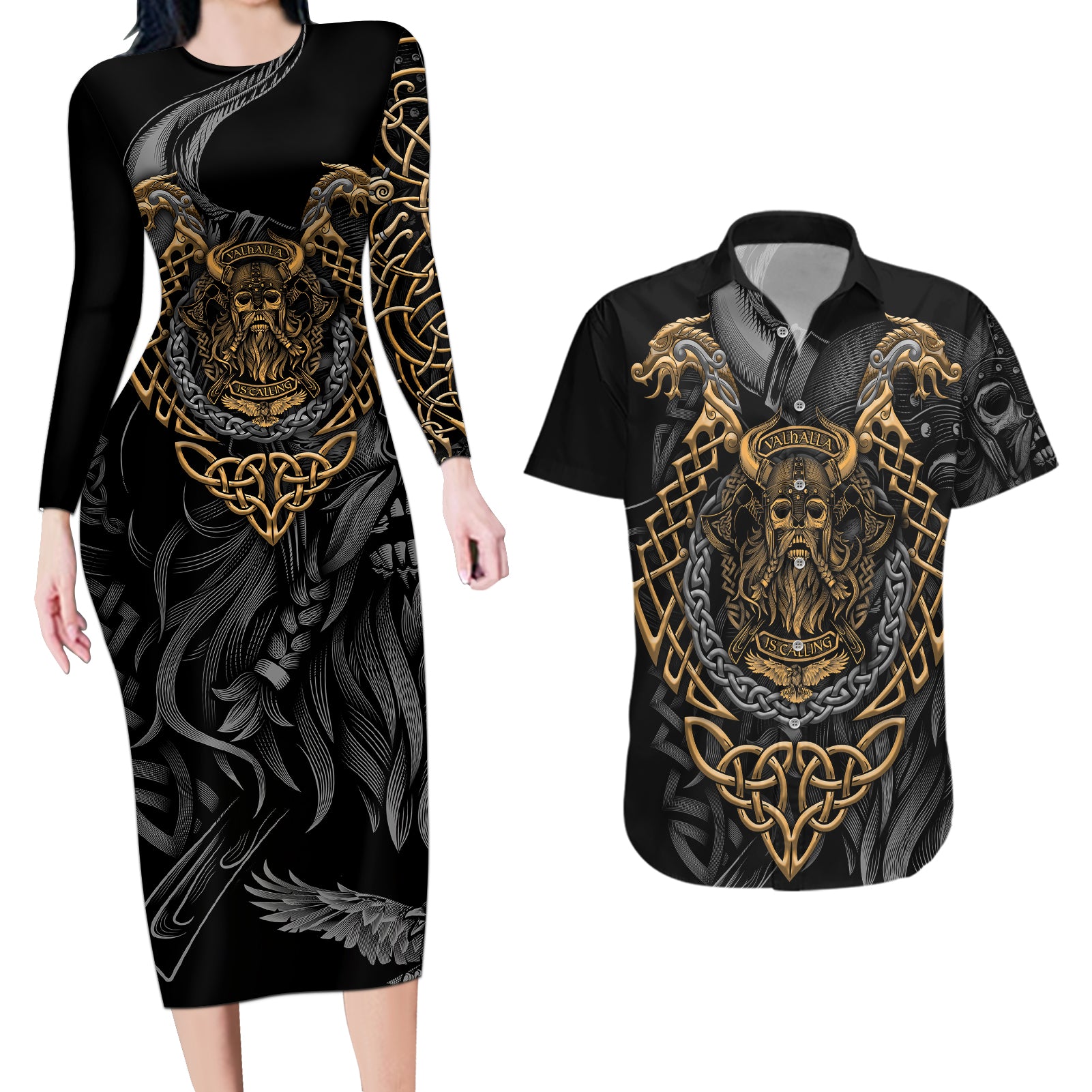 Viking Warrior Tatto Couples Matching Long Sleeve Bodycon Dress and Hawaiian Shirt Valhalla Is Calling - Wonder Print Shop