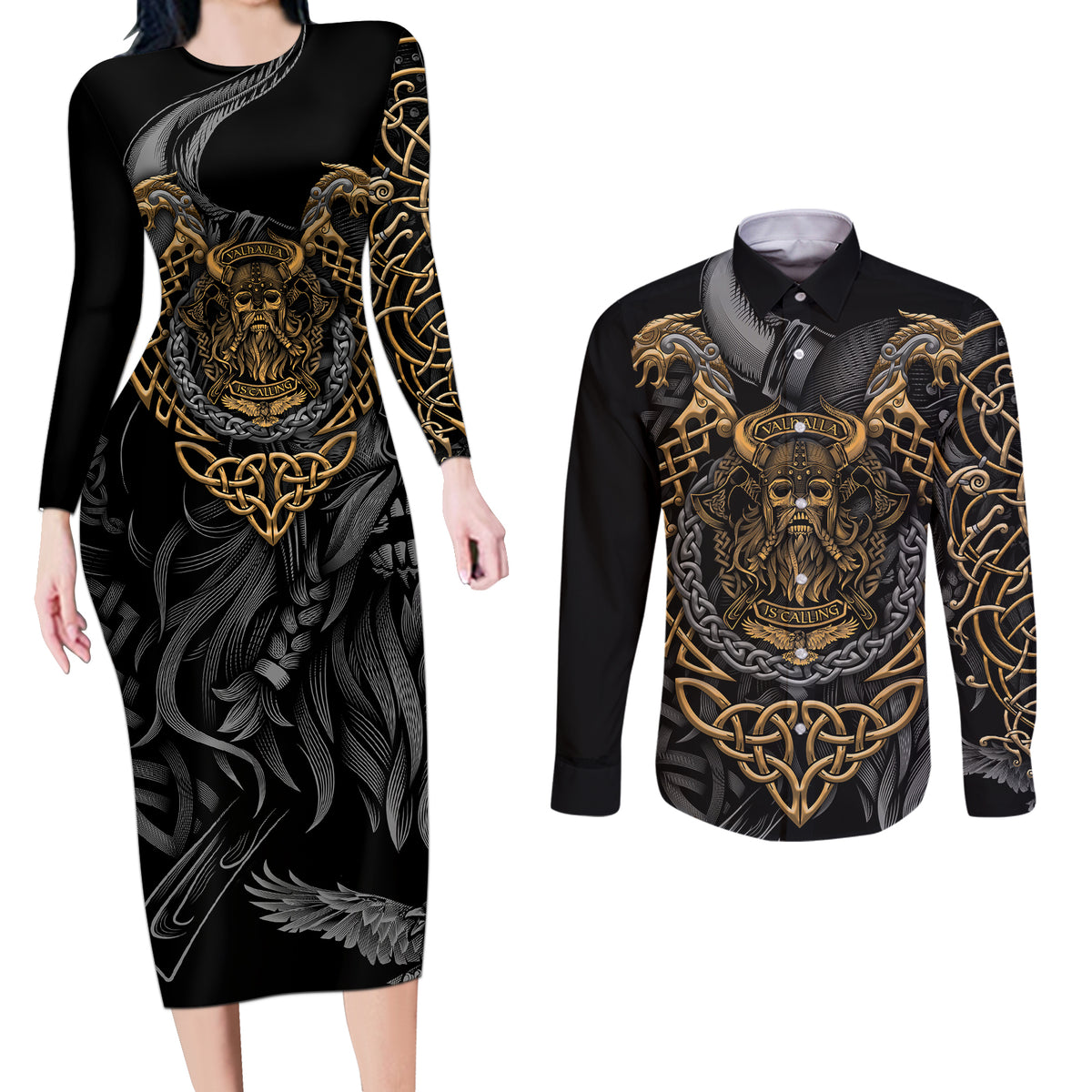 Viking Warrior Tatto Couples Matching Long Sleeve Bodycon Dress and Long Sleeve Button Shirts Valhalla Is Calling - Wonder Print Shop