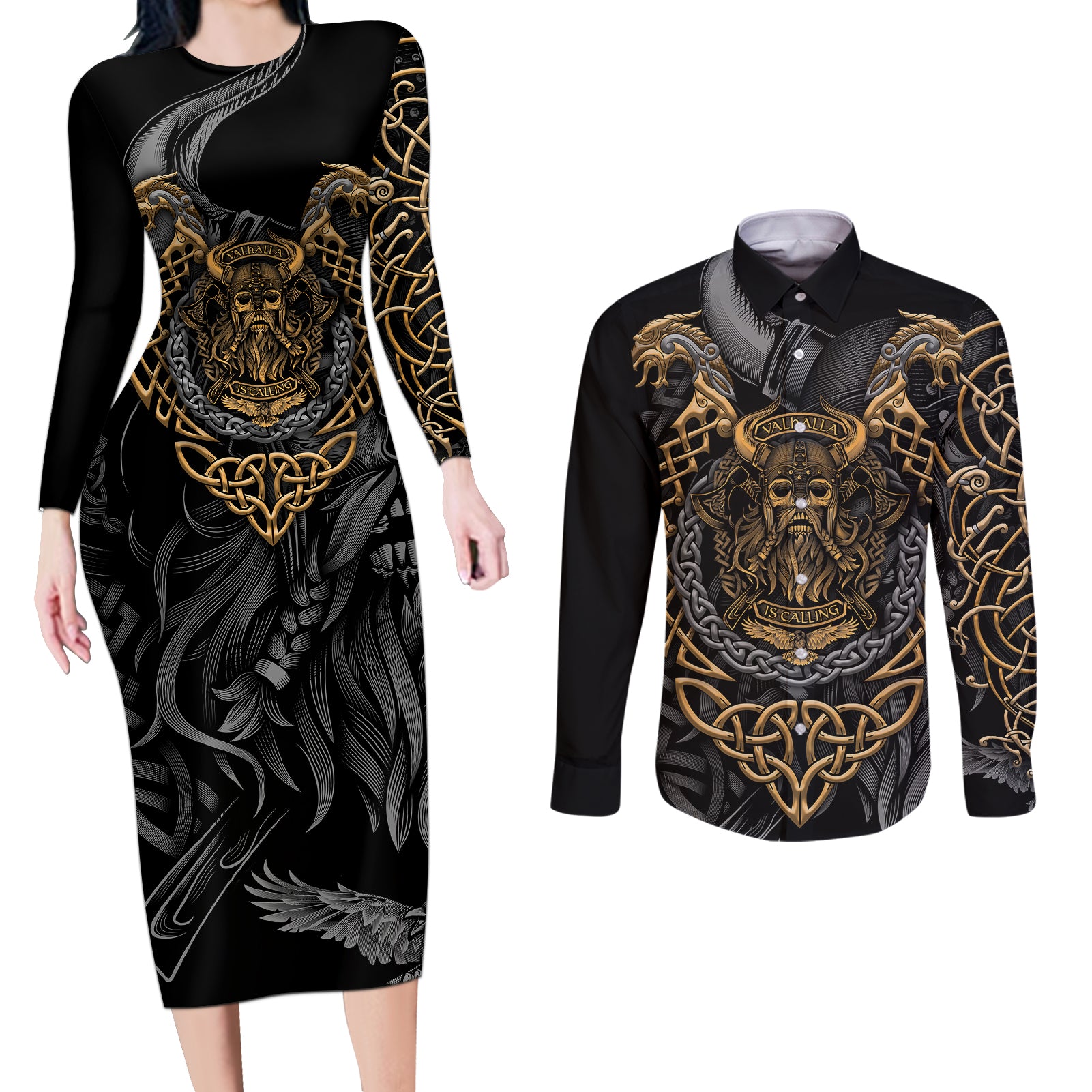Viking Warrior Tatto Couples Matching Long Sleeve Bodycon Dress and Long Sleeve Button Shirts Valhalla Is Calling - Wonder Print Shop