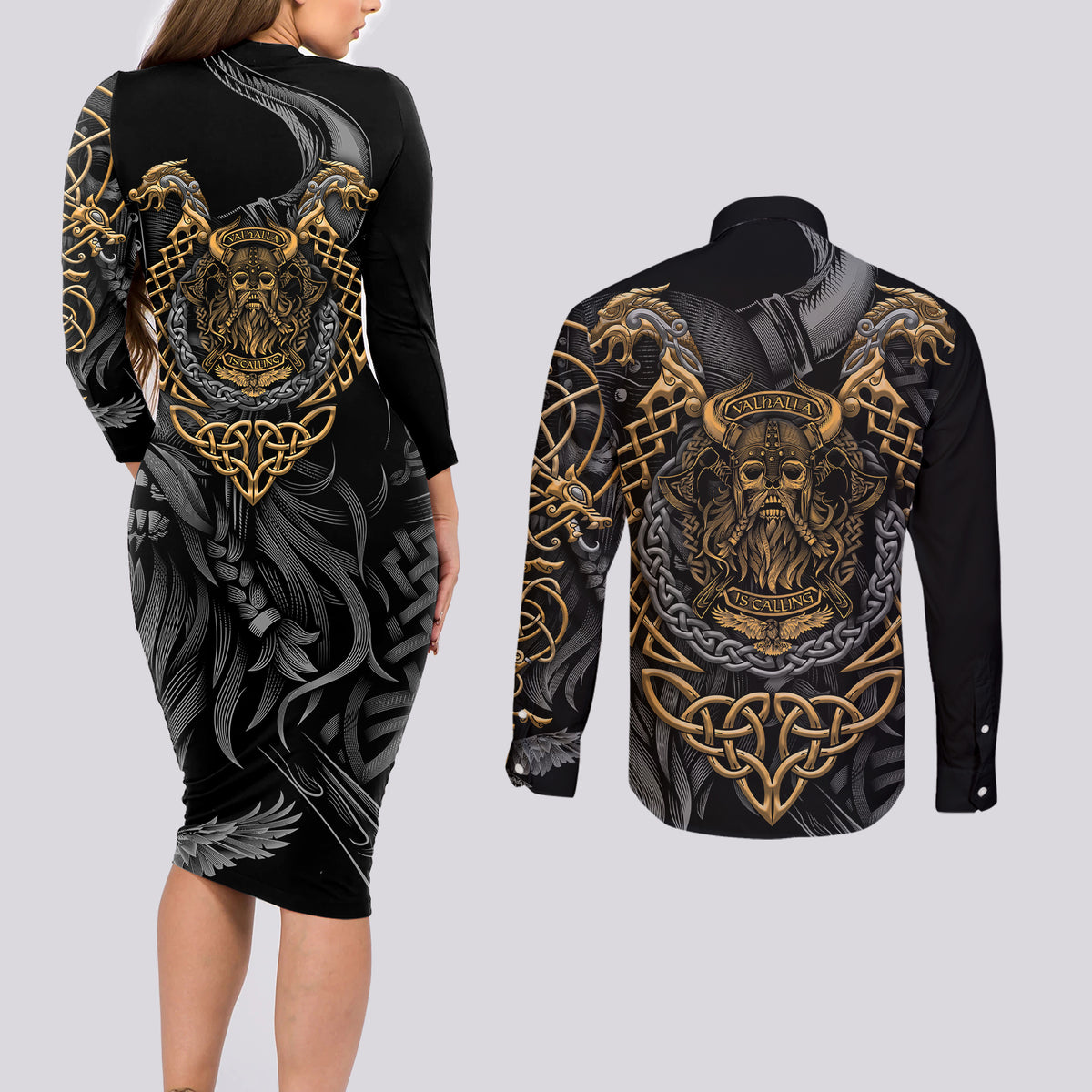 Viking Warrior Tatto Couples Matching Long Sleeve Bodycon Dress and Long Sleeve Button Shirts Valhalla Is Calling - Wonder Print Shop