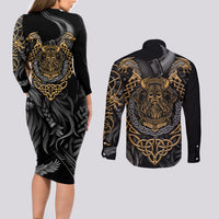 Viking Warrior Tatto Couples Matching Long Sleeve Bodycon Dress and Long Sleeve Button Shirts Valhalla Is Calling - Wonder Print Shop