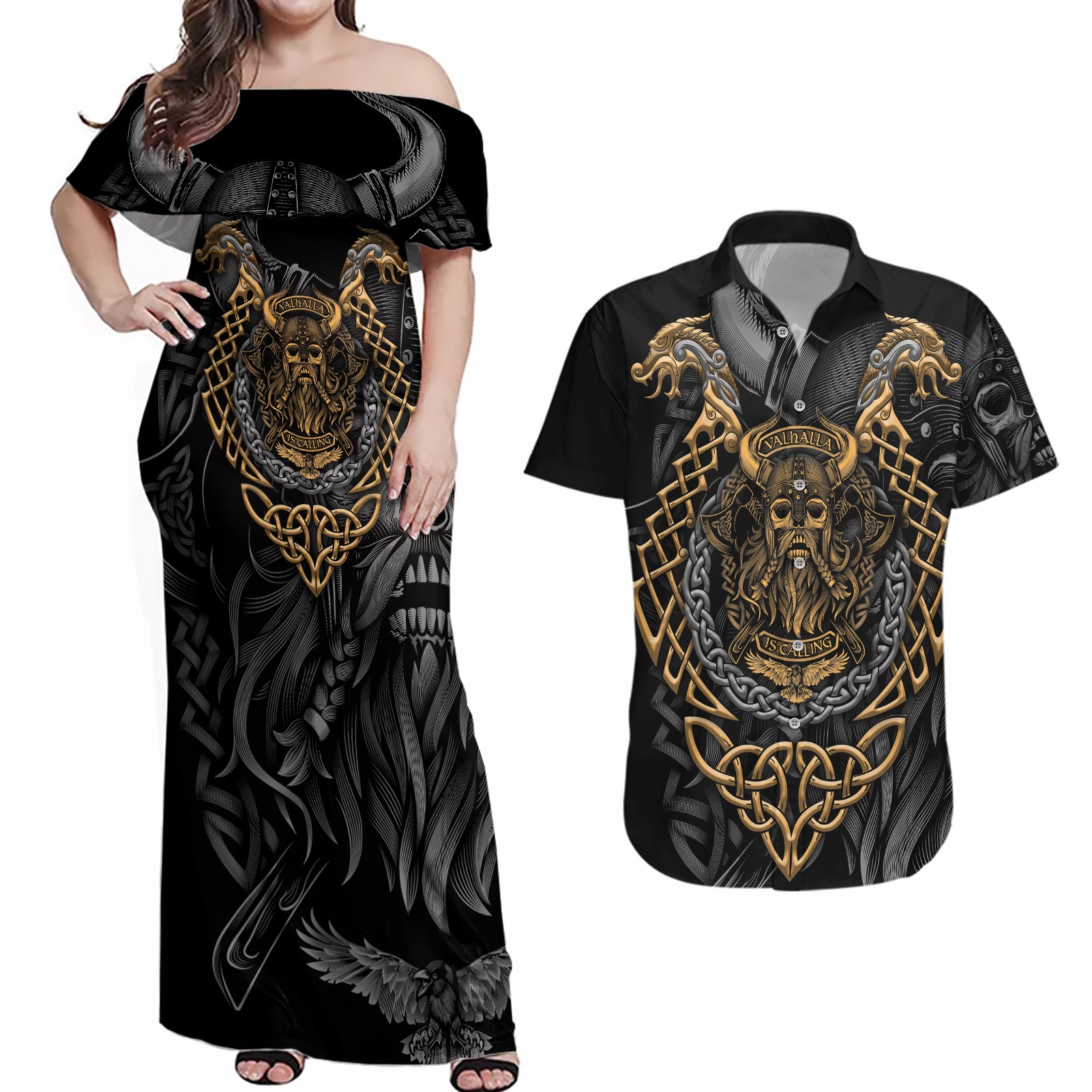 Viking Warrior Tatto Couples Matching Off Shoulder Maxi Dress and Hawaiian Shirt Valhalla Is Calling - Wonder Print Shop