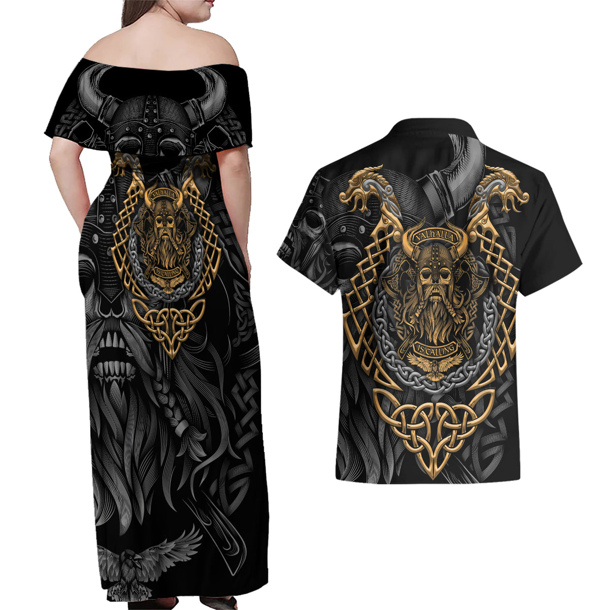 Viking Warrior Tatto Couples Matching Off Shoulder Maxi Dress and Hawaiian Shirt Valhalla Is Calling - Wonder Print Shop