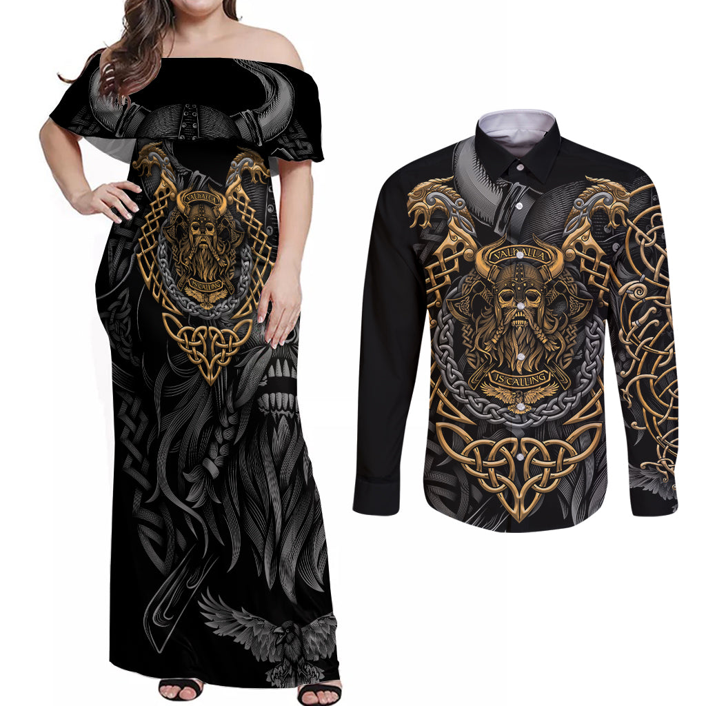 Viking Warrior Tatto Couples Matching Off Shoulder Maxi Dress and Long Sleeve Button Shirts Valhalla Is Calling - Wonder Print Shop