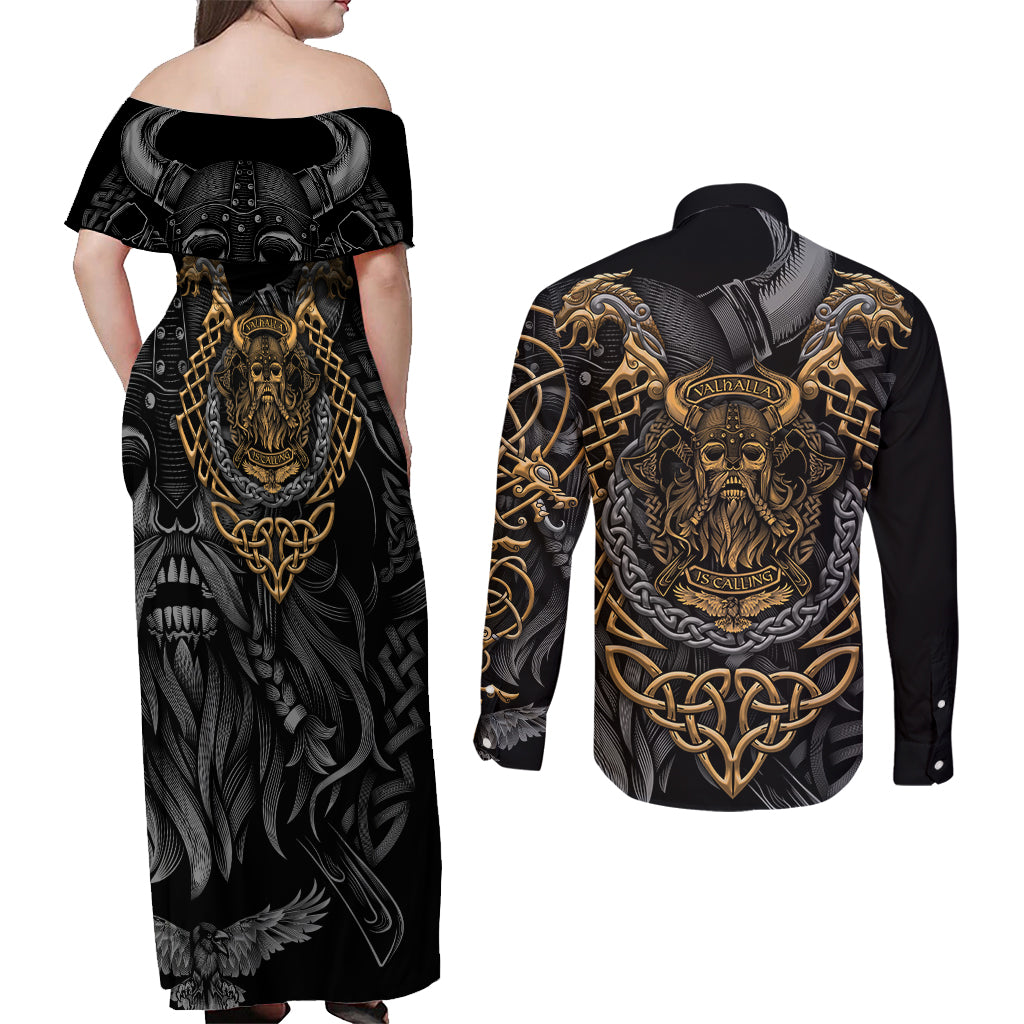 Viking Warrior Tatto Couples Matching Off Shoulder Maxi Dress and Long Sleeve Button Shirts Valhalla Is Calling - Wonder Print Shop