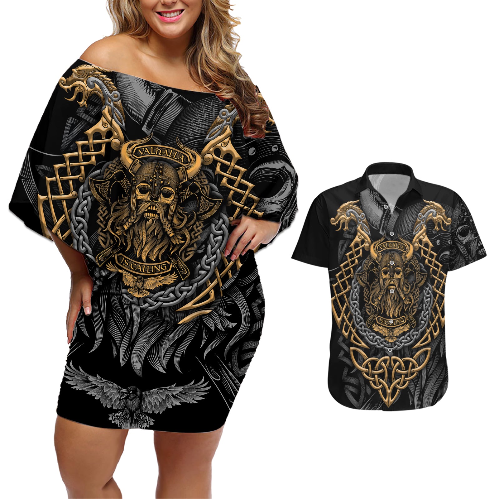 Viking Warrior Tatto Couples Matching Off Shoulder Short Dress and Hawaiian Shirt Valhalla Is Calling - Wonder Print Shop