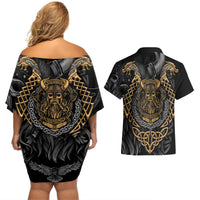 Viking Warrior Tatto Couples Matching Off Shoulder Short Dress and Hawaiian Shirt Valhalla Is Calling - Wonder Print Shop