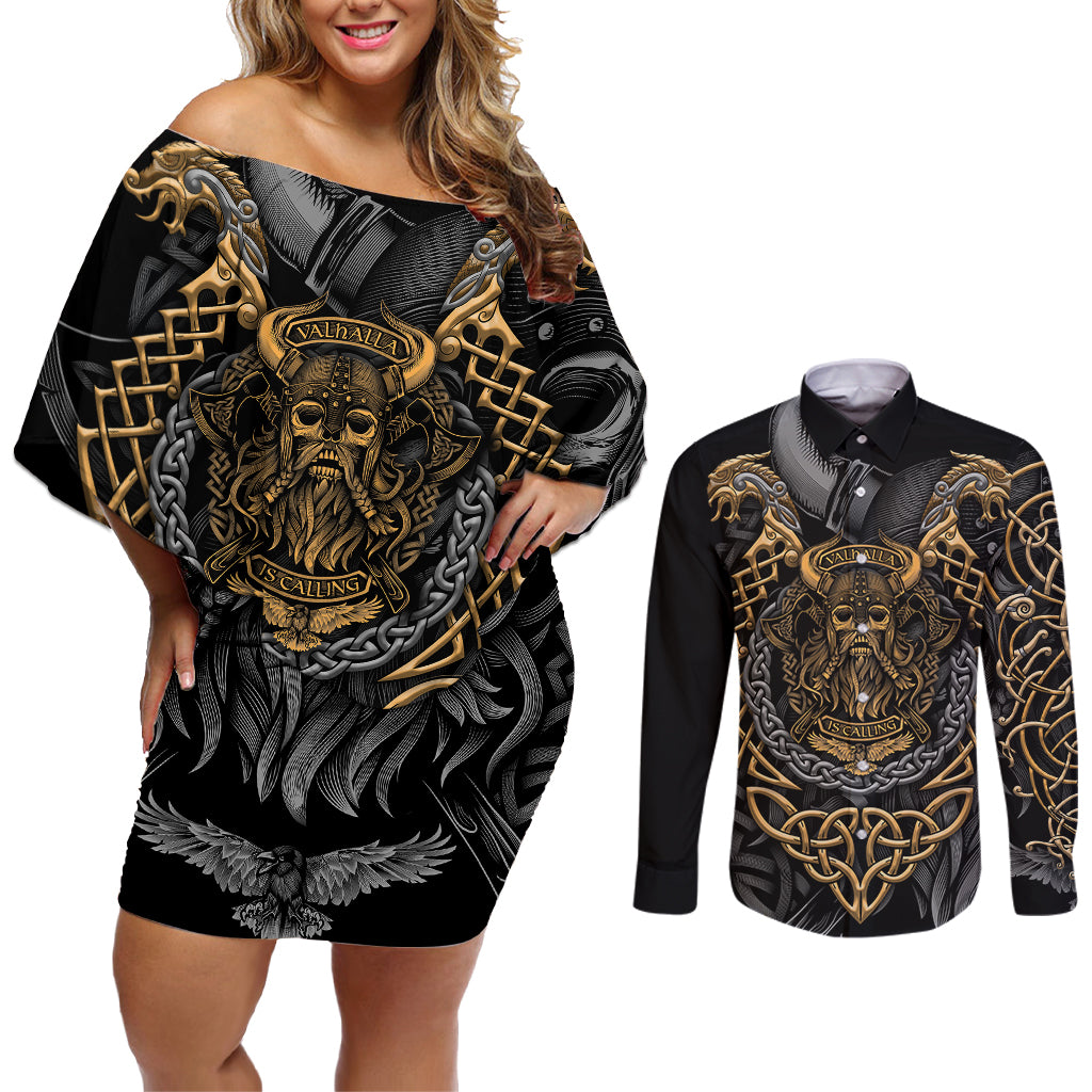 Viking Warrior Tatto Couples Matching Off Shoulder Short Dress and Long Sleeve Button Shirts Valhalla Is Calling - Wonder Print Shop